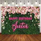 Aperturee - Aperturee Greenery Floral Neon Sister Happy Birthday Backdrop